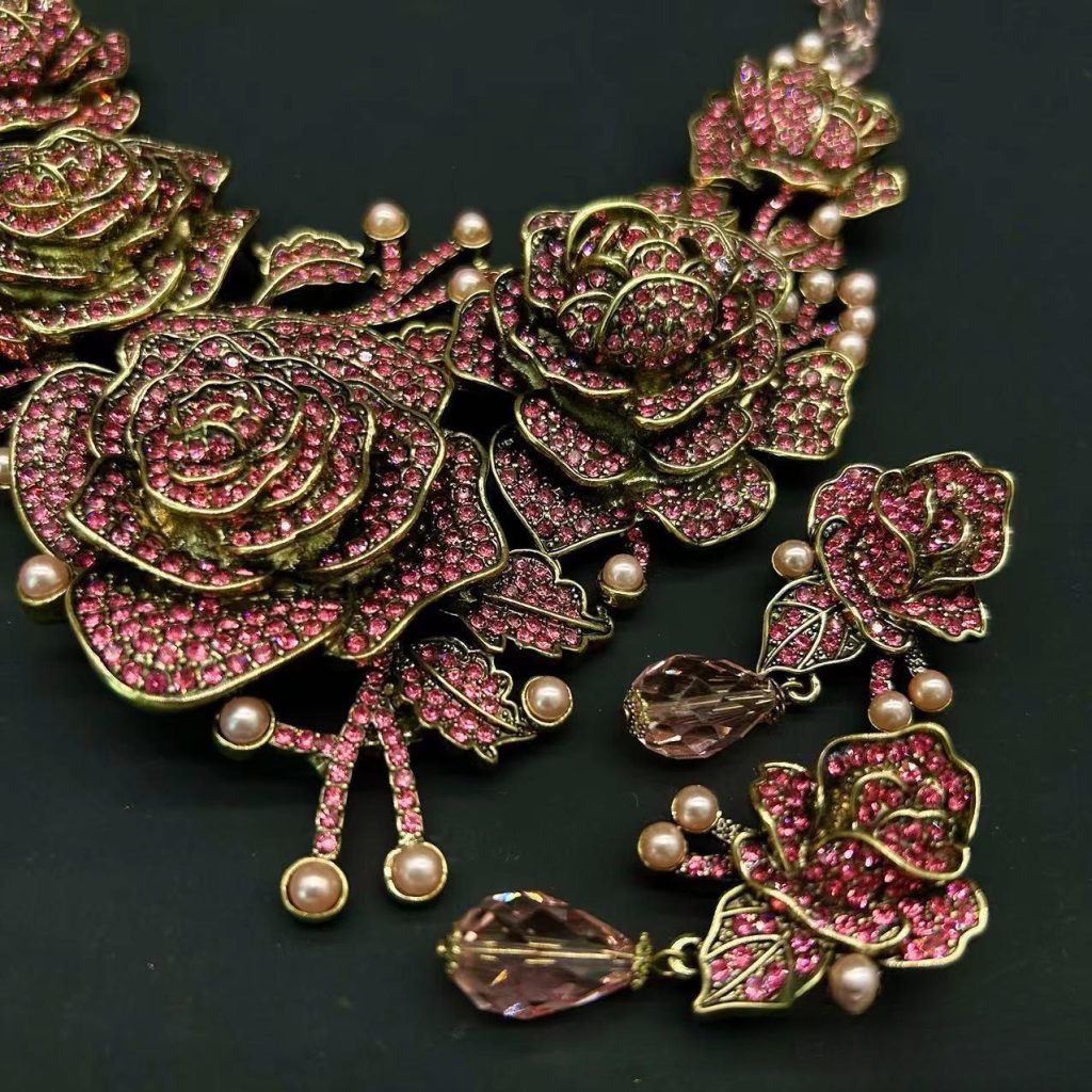 Rhinestone Red Flower Earrings and Necklace