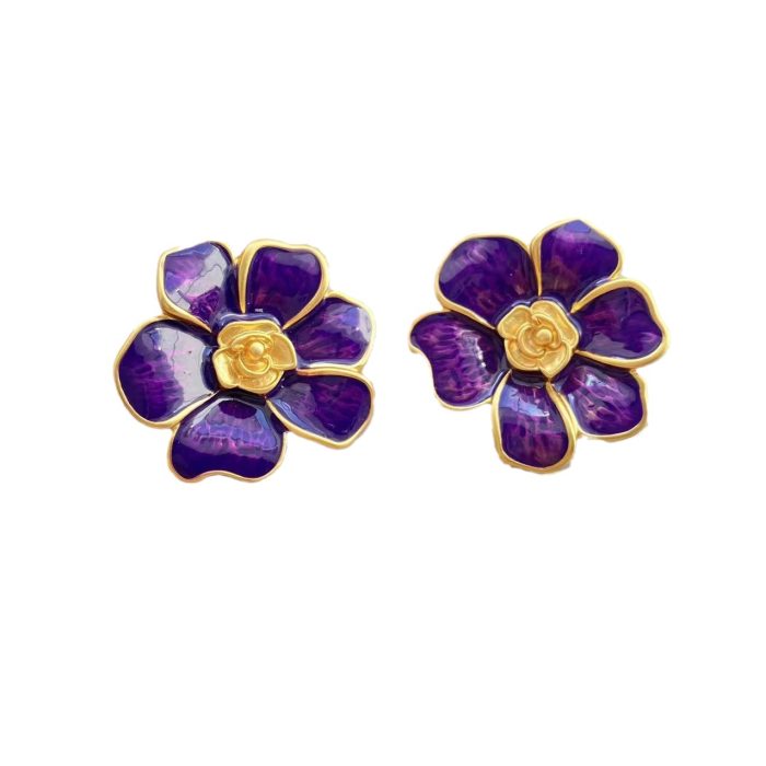 Black Earrings Flower Stud Purple Clip On Earrings Mediaeval Fashion Retro Simple Earrings - Image 3