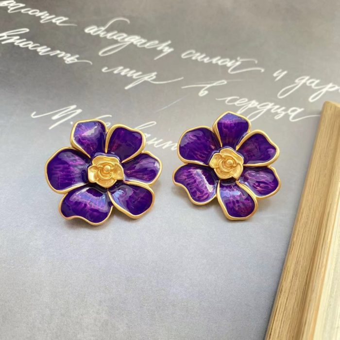 Black Earrings Flower Stud Purple Clip On Earrings Mediaeval Fashion Retro Simple Earrings - Image 2