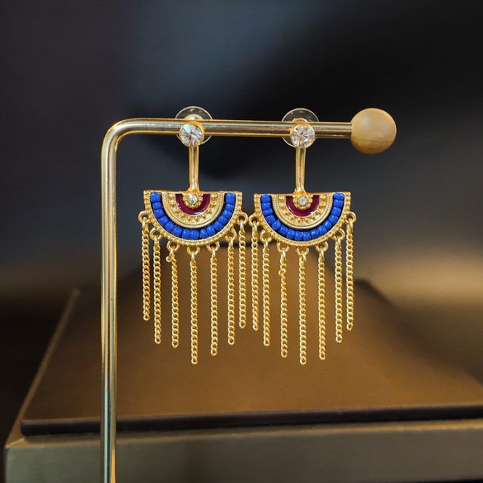 Tassel Earrings Online Jewelry Rhinestone Earrings High End Semi Circular Enamel Painted Blue Glazed Beads Long Earrings Feminine Temperament - Image 4