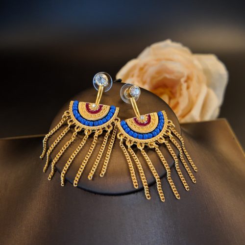 Tassel Earrings Online Jewelry Rhinestone Earrings High End Semi Circular Enamel Painted Blue Glazed Beads Long Earrings Feminine Temperament