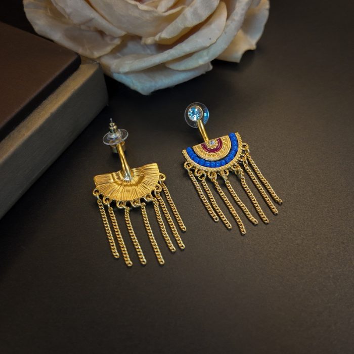 Tassel Earrings Online Jewelry Rhinestone Earrings High End Semi Circular Enamel Painted Blue Glazed Beads Long Earrings Feminine Temperament - Image 2