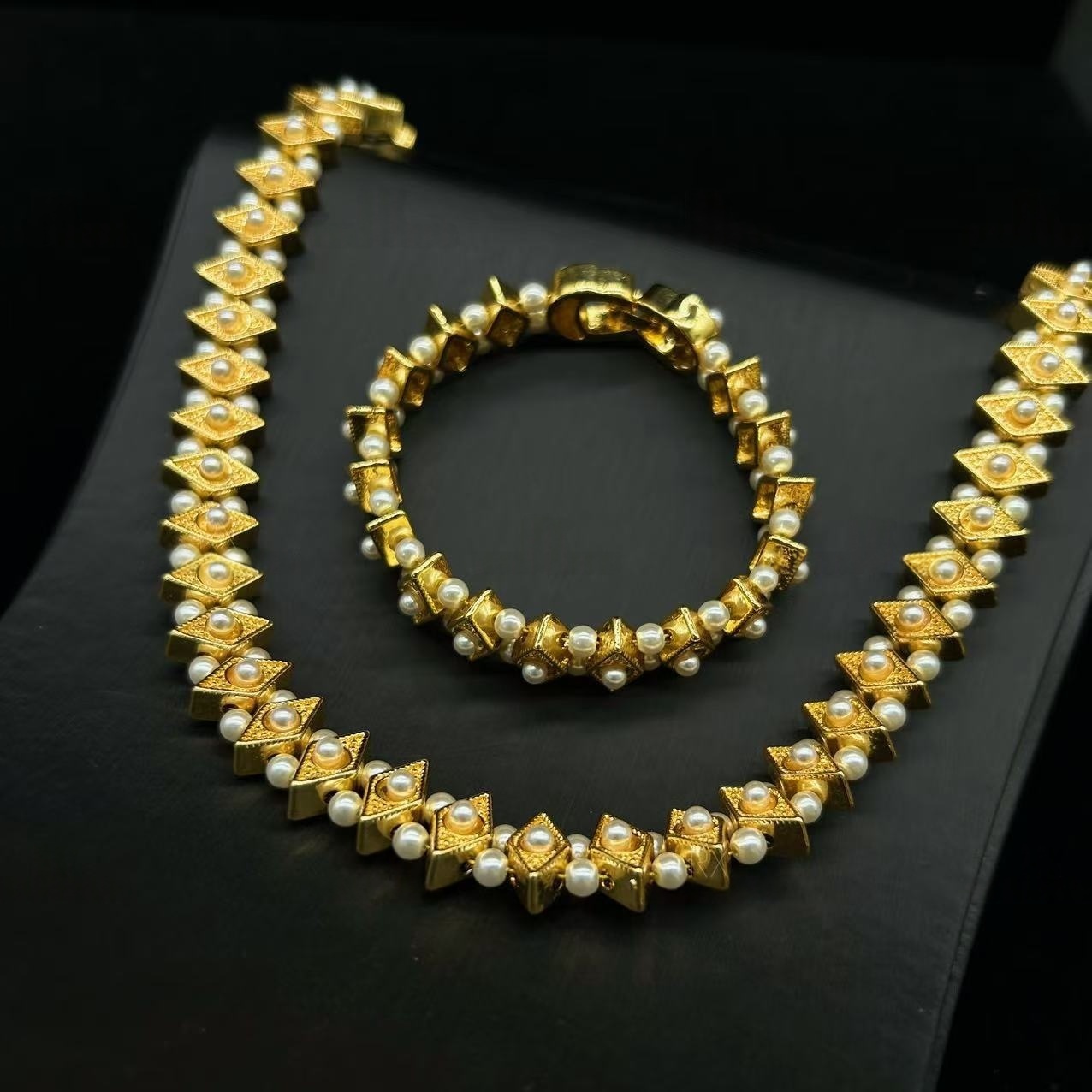Antique Gold Faux Pearl Necklace and Bracelet Set