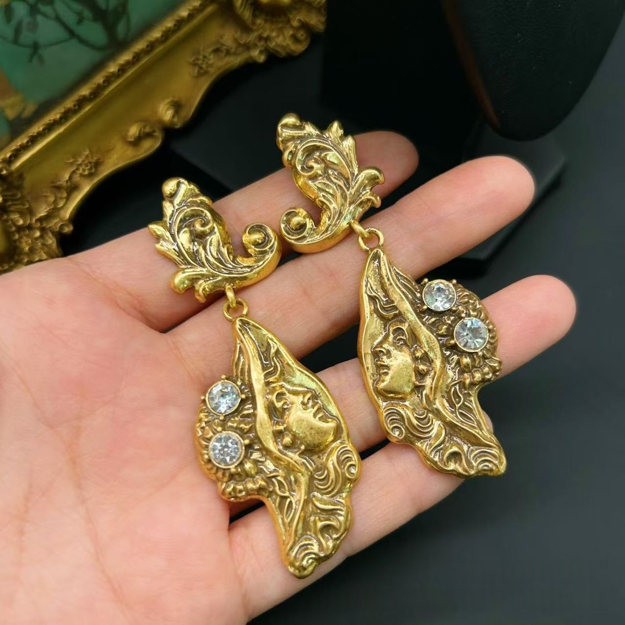 Antique Gold Sculpted Lady Drop Earrings