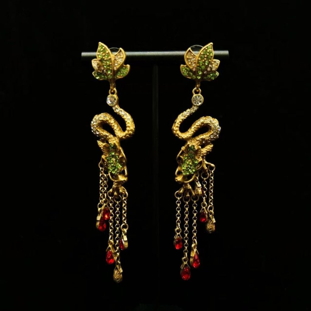 Antique Gold Serpent Red Crystal Fringe Statement Earrings