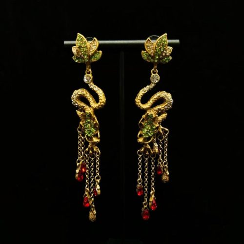 Antique Gold Serpent Red Crystal Fringe Statement Earrings
