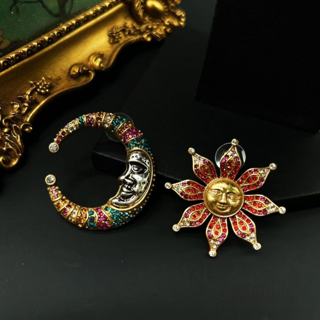 Antique Gold Sun Face Crystal Statement Earrings