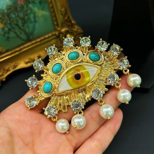 Antique Gold Turquoise Rhinestone Eye Brooch
