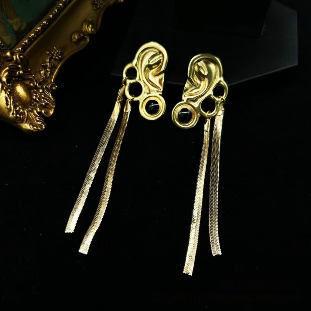 Artistic Human Ear Motif Black Stone Chain Earrings