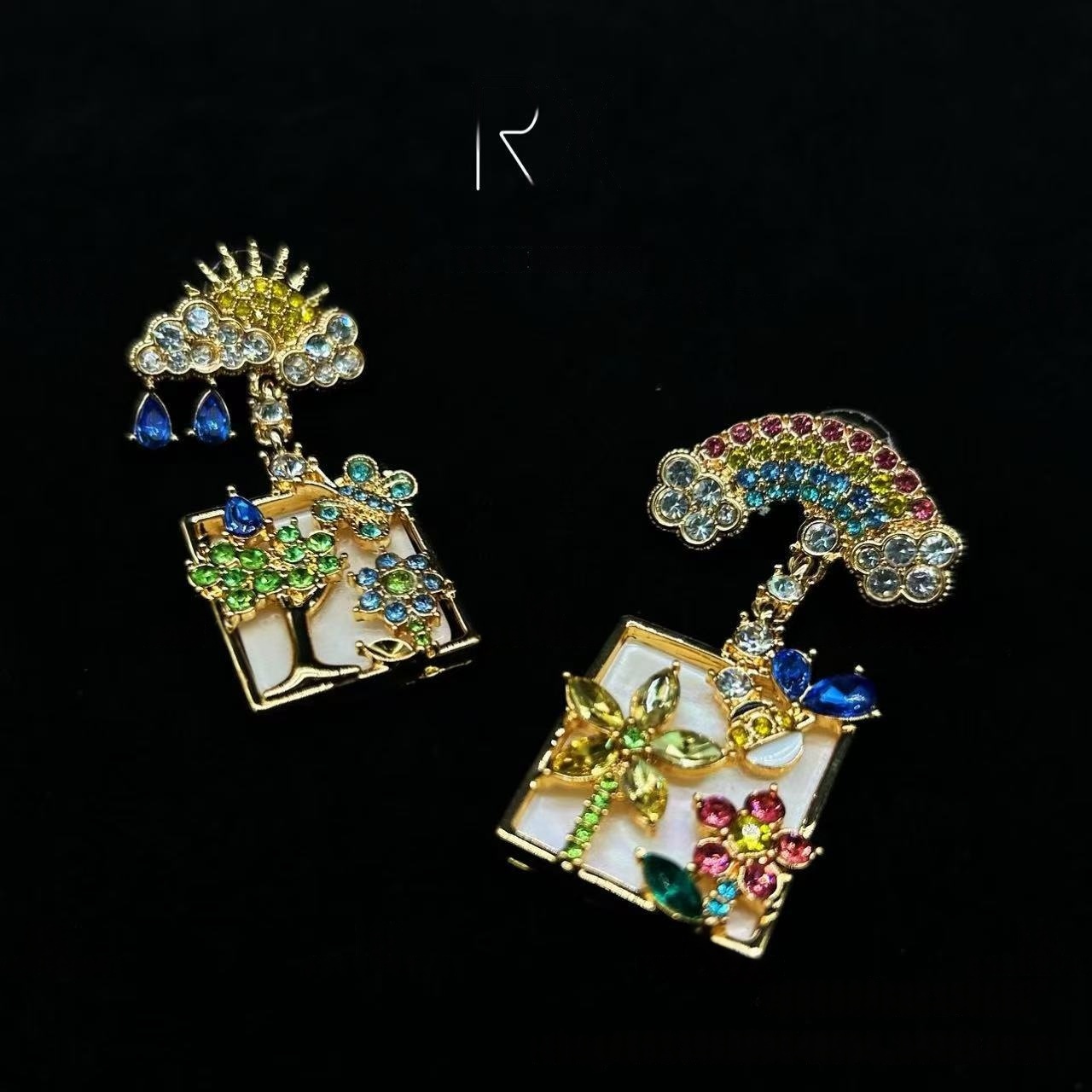 Colorful Enamel Crystal Weather Motif Dangling Earrings