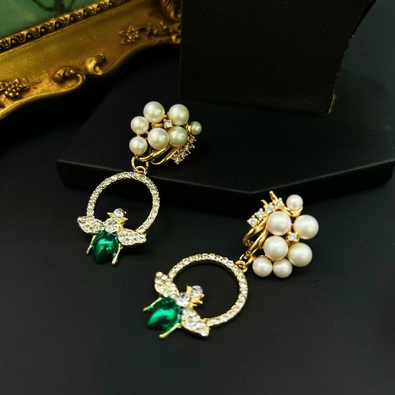 Elegant White Pearl Bee Motif Dangling Earrings