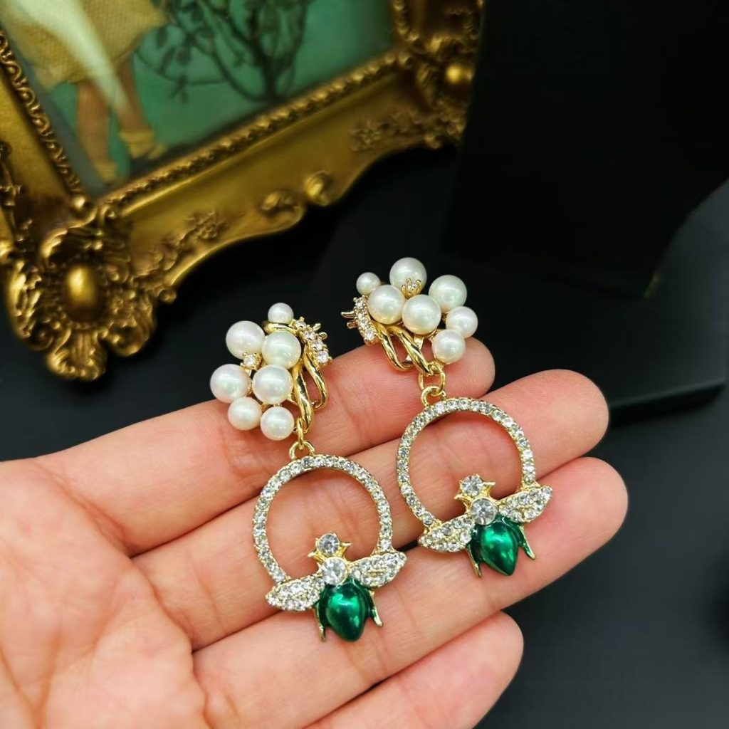 Gold Tone Rhinestone Hoop Insect Statement Earrings