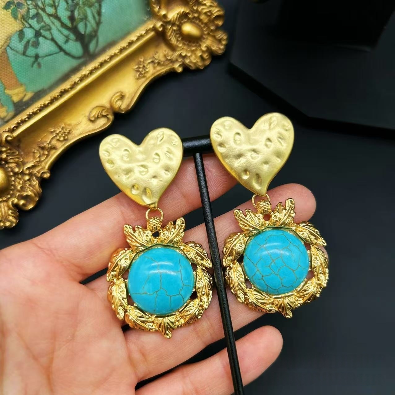 Hammered Gold Leaf Ornate Statement Earrings