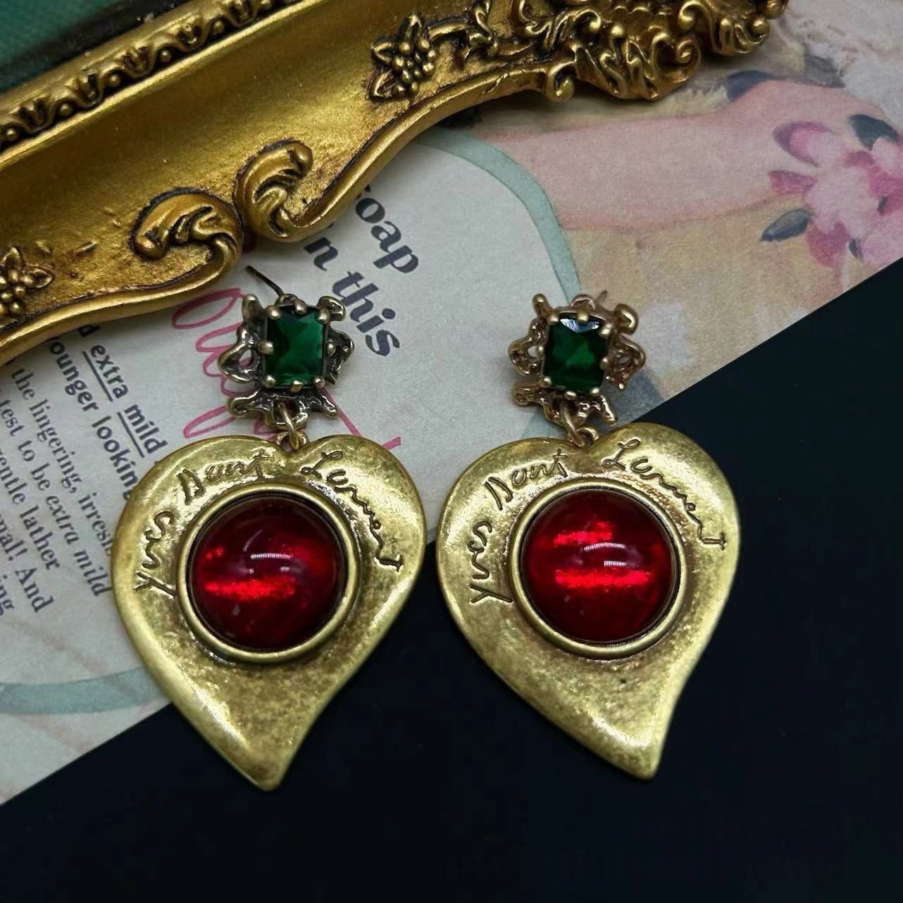 Red Cabochon Heart Drop Statement Earrings