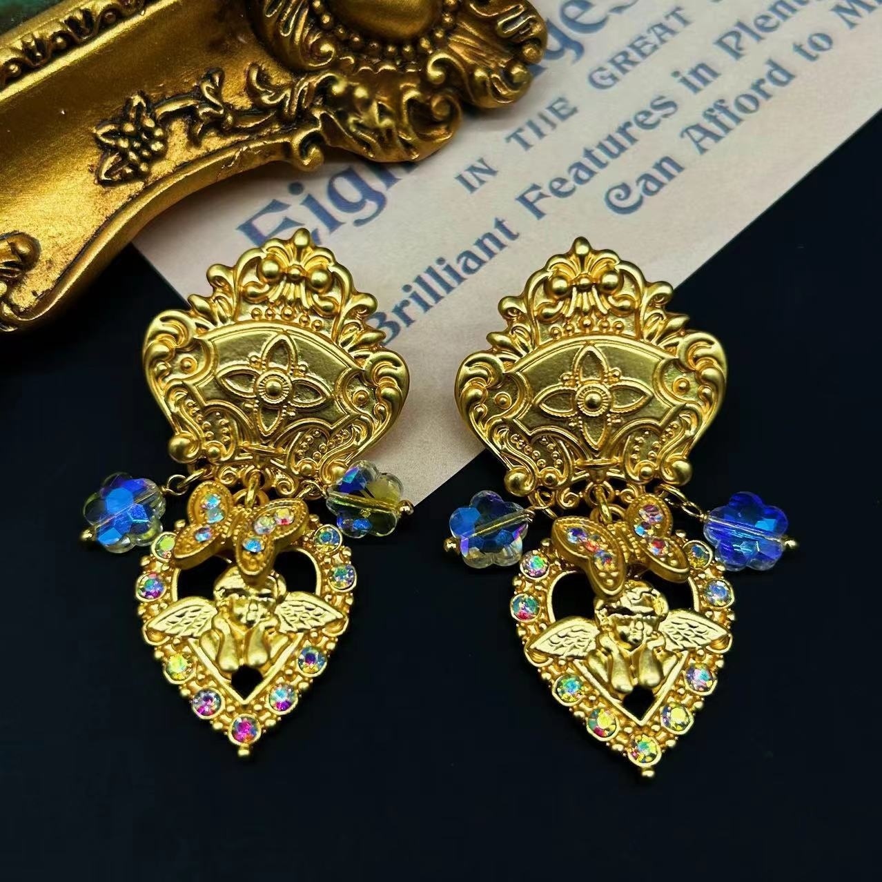 Retro Baroque Cherub Crystal Drop Earrings