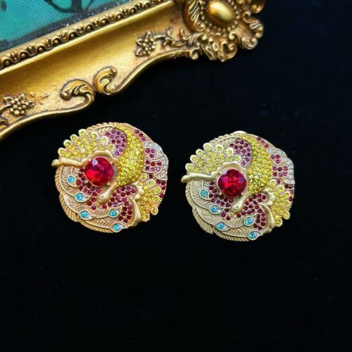 Retro Colorful Gem Peacock Motif Circular Earrings