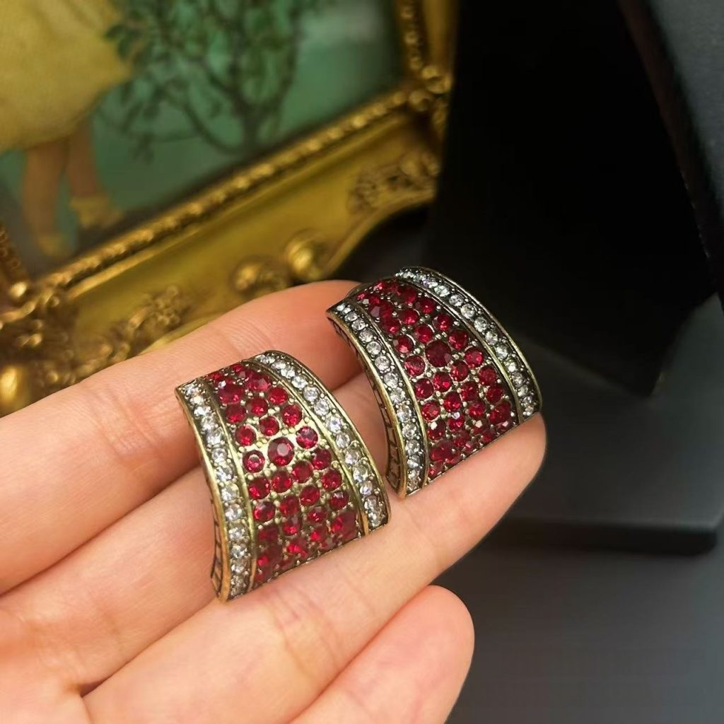 Retro Pave Red Stone Chunky Hoop Earrings