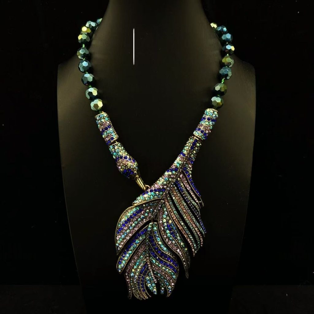 Rhinestone Peacock Feather Statement Necklace