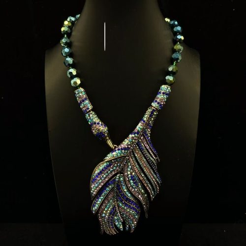 Rhinestone Peacock Feather Statement Necklace