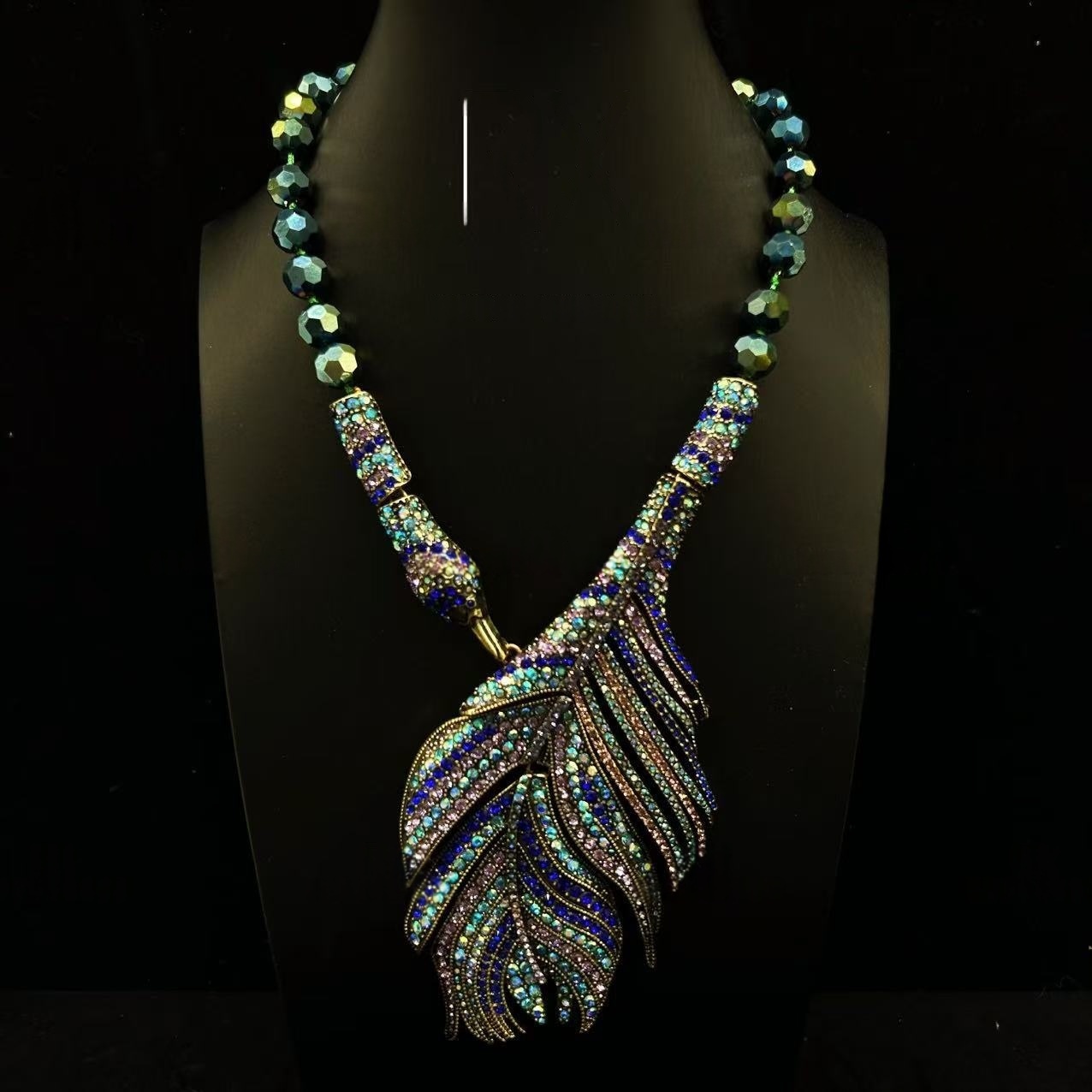 Rhinestone Peacock Feather Statement Necklace