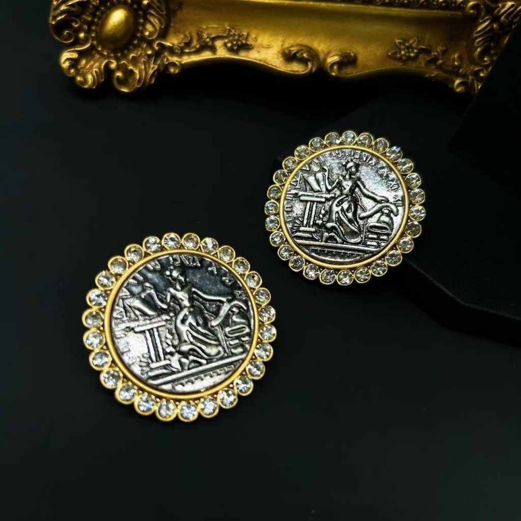 Vintage Ancient Coin Rhinestone Round Stud Earrings