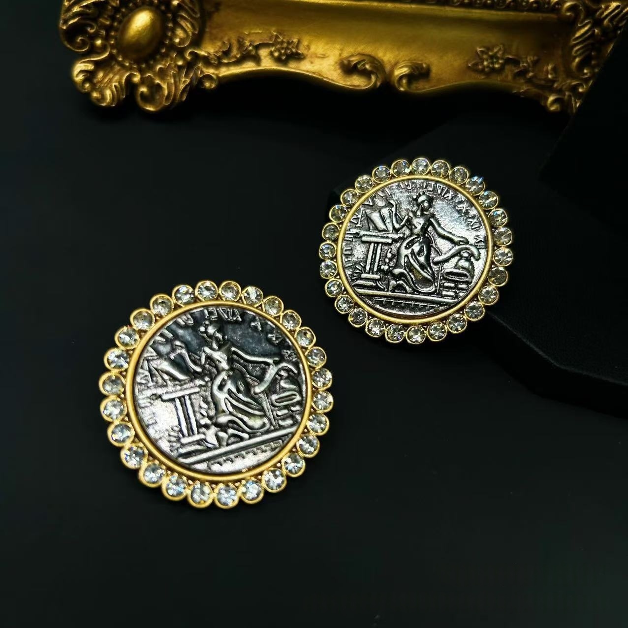 Vintage Ancient Coin Rhinestone Round Stud Earrings