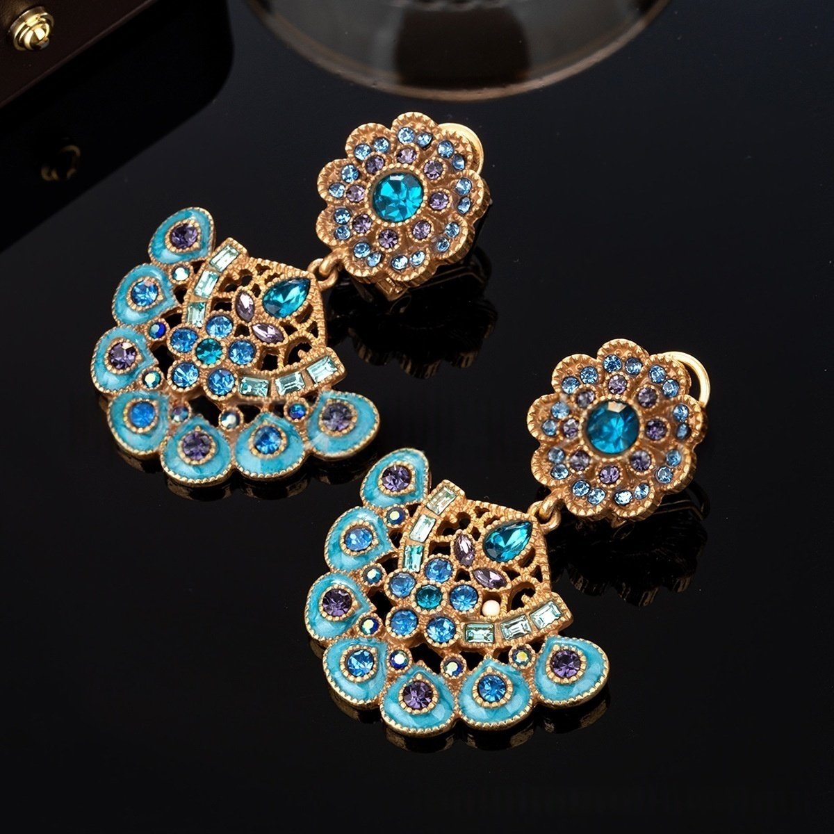 Vintage Blue Crystal Peacock Dangle Earrings
