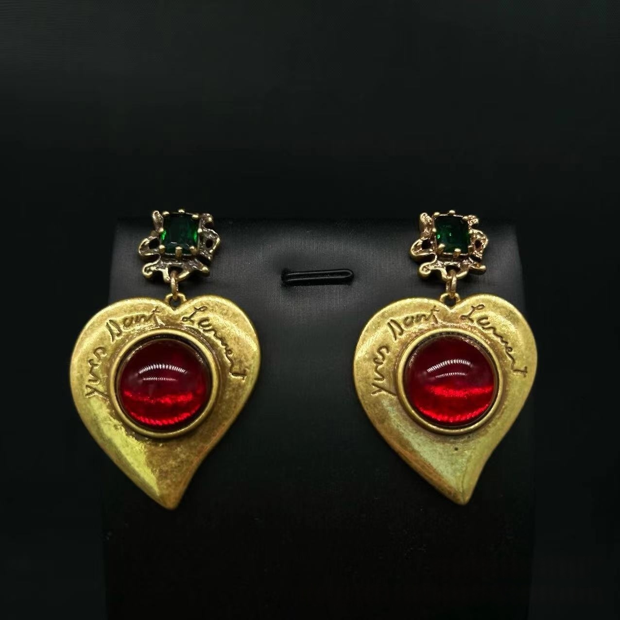 Vintage Gold Heart Gemstone Dangle Earrings