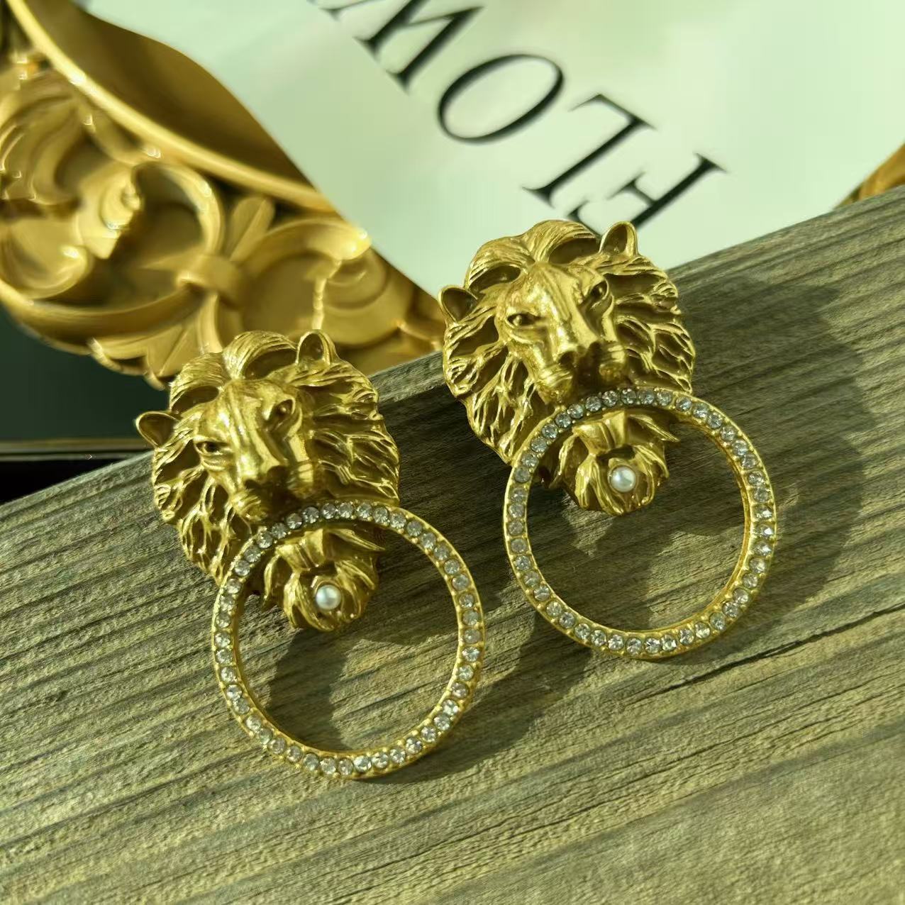 Vintage Lion Face Pearl Statement Earrings