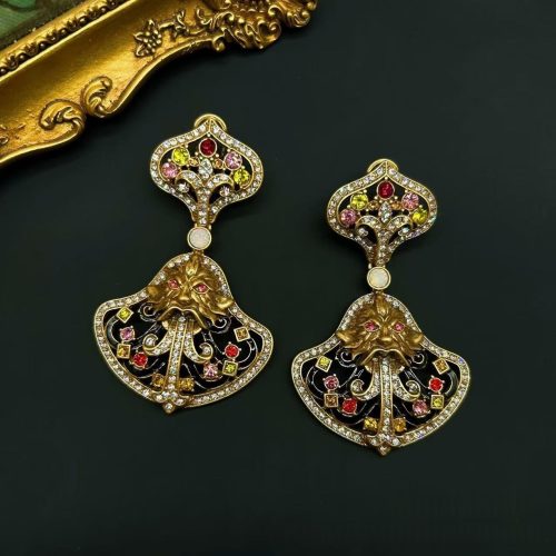 Vintage Lion Head Multicolor Crystal Dangle Clip Earrings