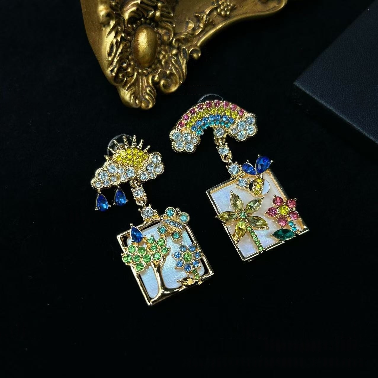 Vintage Mismatched Landscape Square Frame Statement Earrings