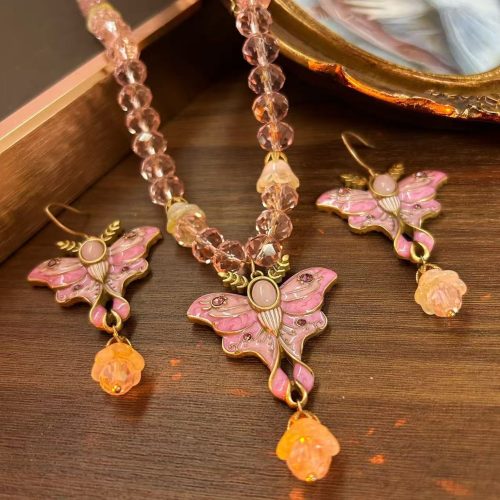 Vintage Pink Enamel Butterfly Crystal Bead Necklace Earring Set