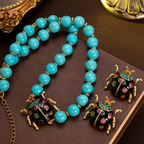 Vintage Retro Animal Rhinestone Turquoise Beetle Enamel Black Beaded Necklace - Court Style