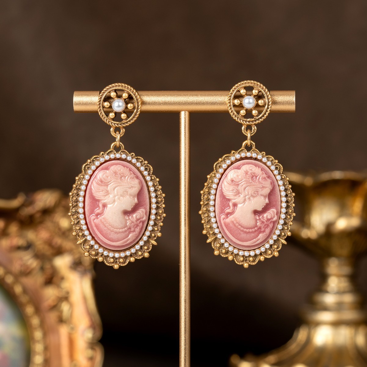 Victorian‑Style Carved Cameo Pearl Statement Earrings Jewelry Set Women