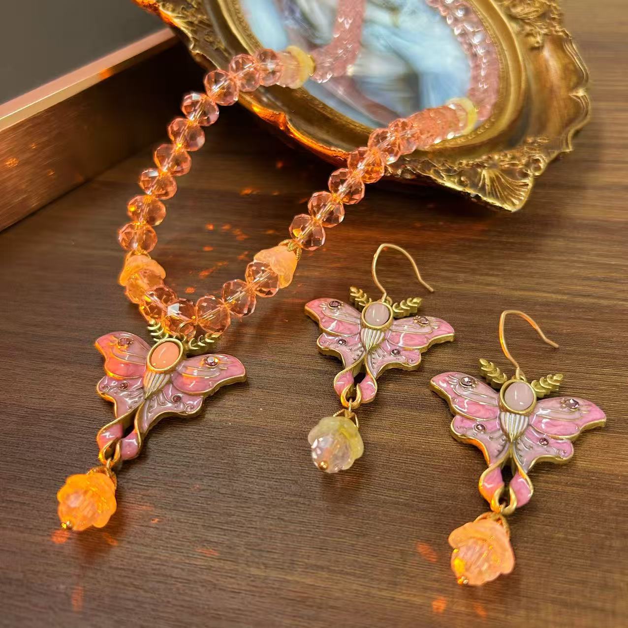 Vintage Pink Enamel Butterfly Crystal Bead Necklace Earring Set