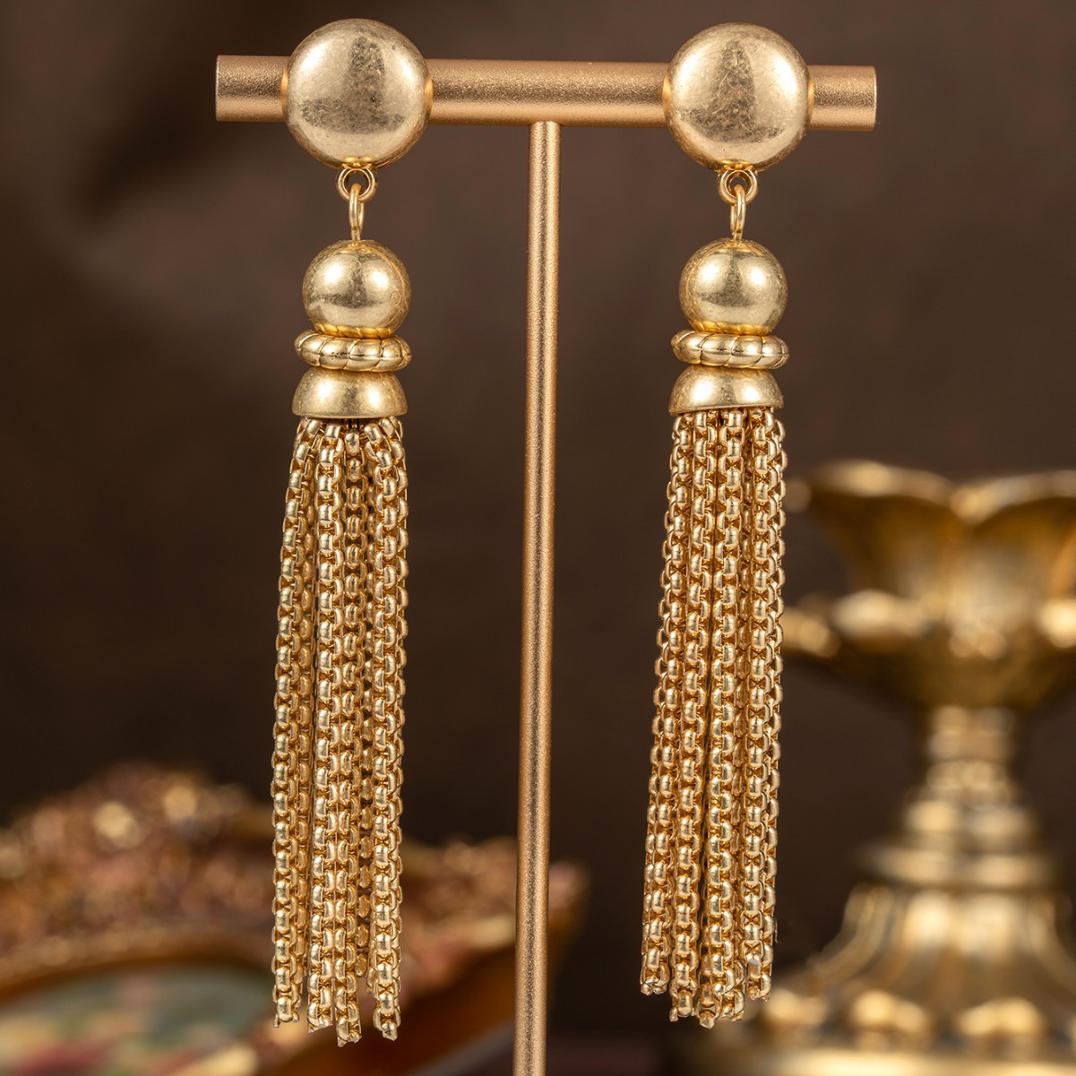 Retro Antique‑Gold Long Chain Mesh Tassel Earrings Jewelry Set