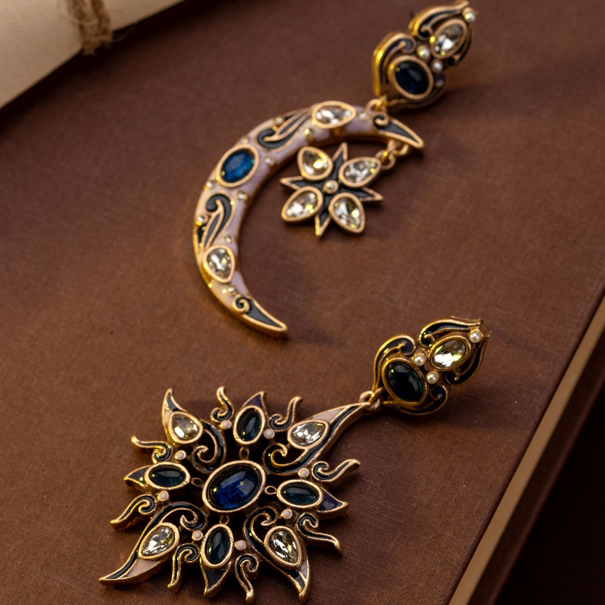 Retro Celestial Motif Blue Stone Enamel Drop Statement Earrings Women