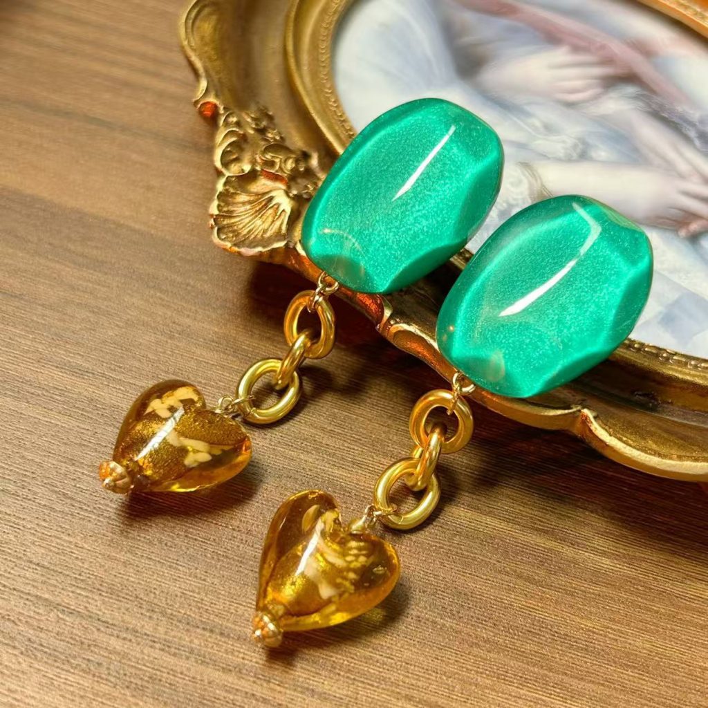 Green Gem Amber Heart Drop Earrings for Women