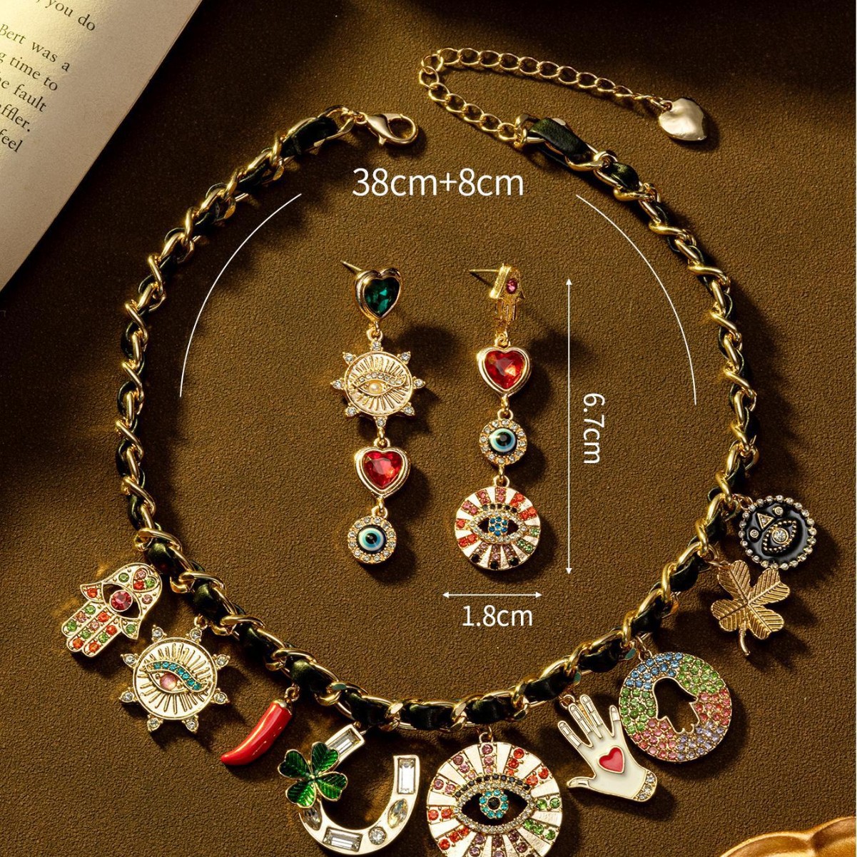Retro Evil Eye Clover Heart Multi‑Charm Statement Jewelry Set Women