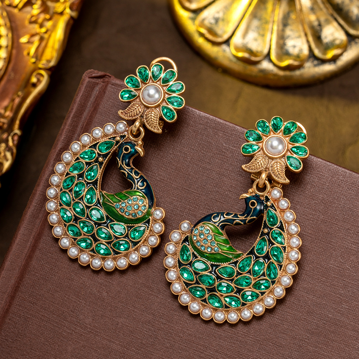 green crystal pearl dangle earrings