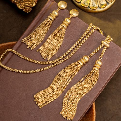 Retro Antique‑Gold Long Chain Mesh Tassel Matching Jewelry Set