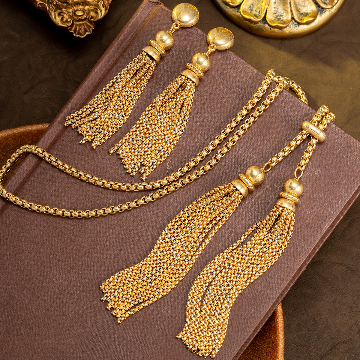 Retro Antique‑Gold Long Chain Mesh Tassel Matching Jewelry Set