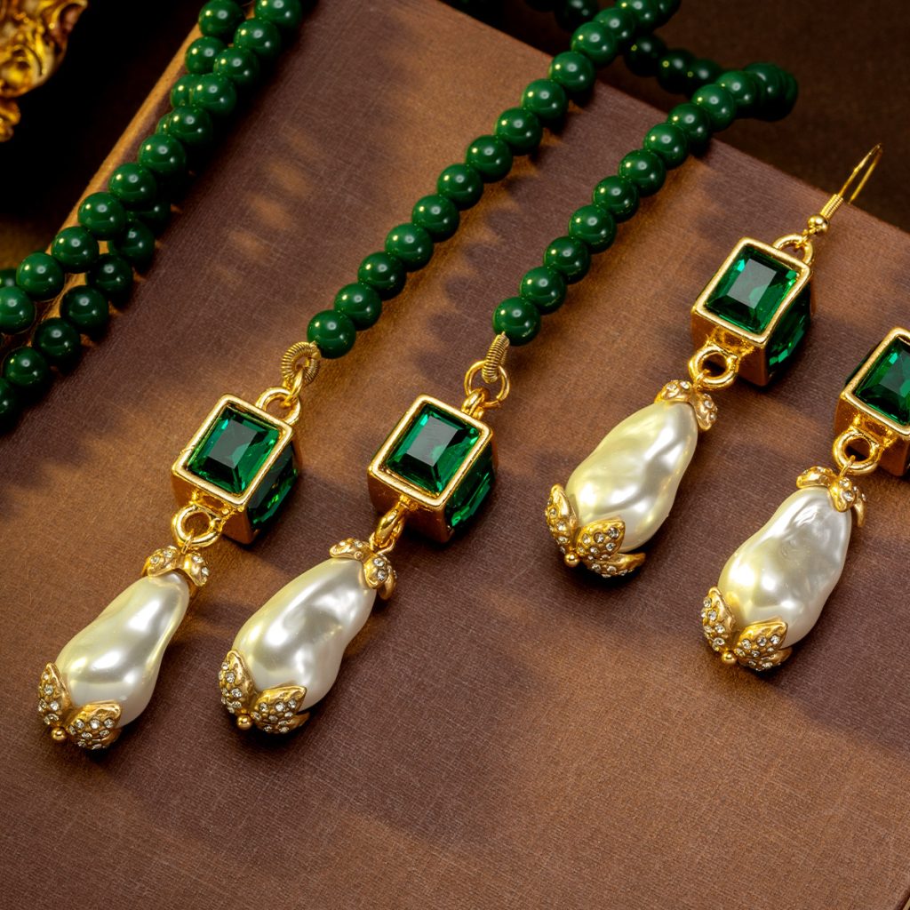 Retro Green Bead Chain Baroque Pearl Statement Jewelry Set for Women