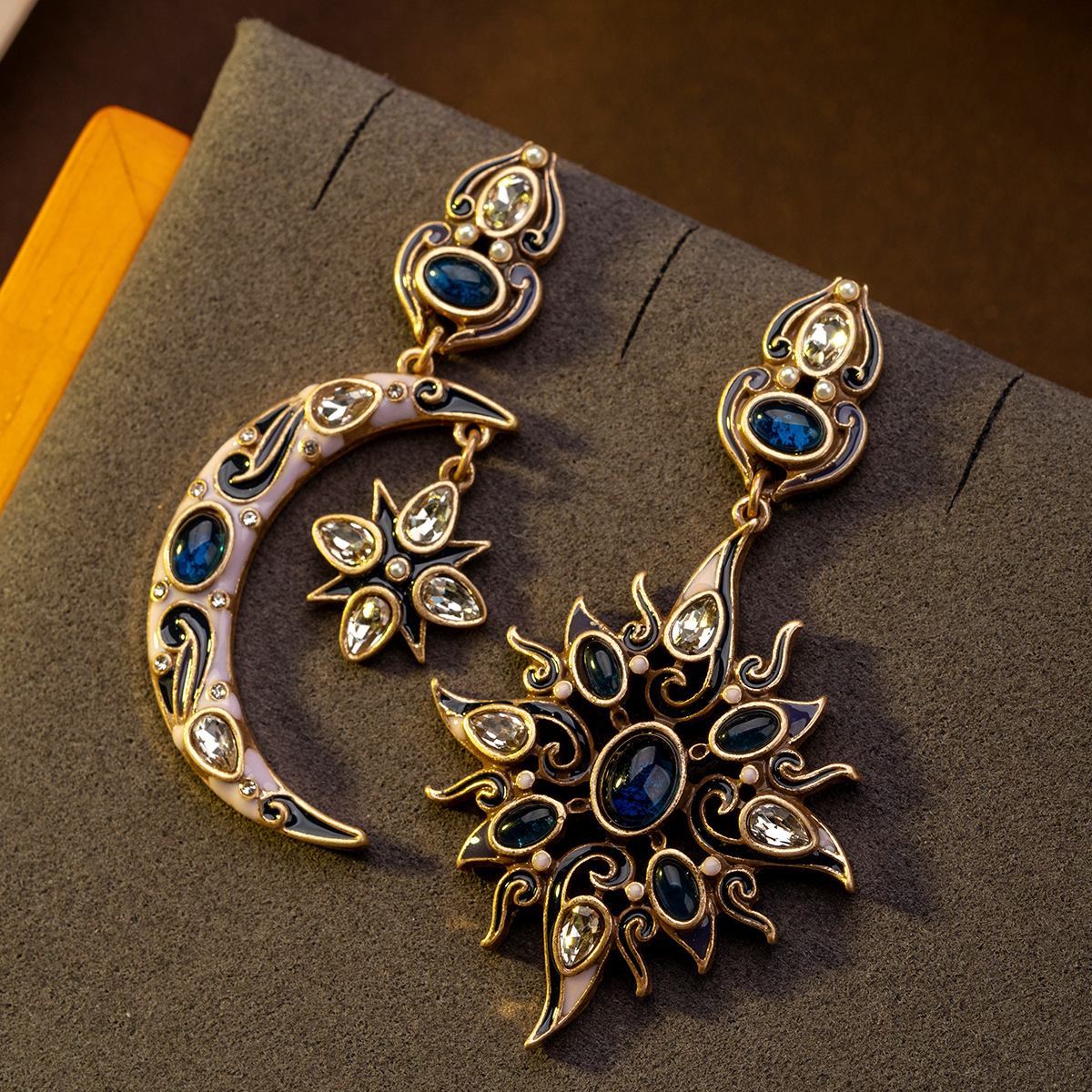 Retro Celestial Motif Blue Stone Enamel Drop Statement Earrings Women