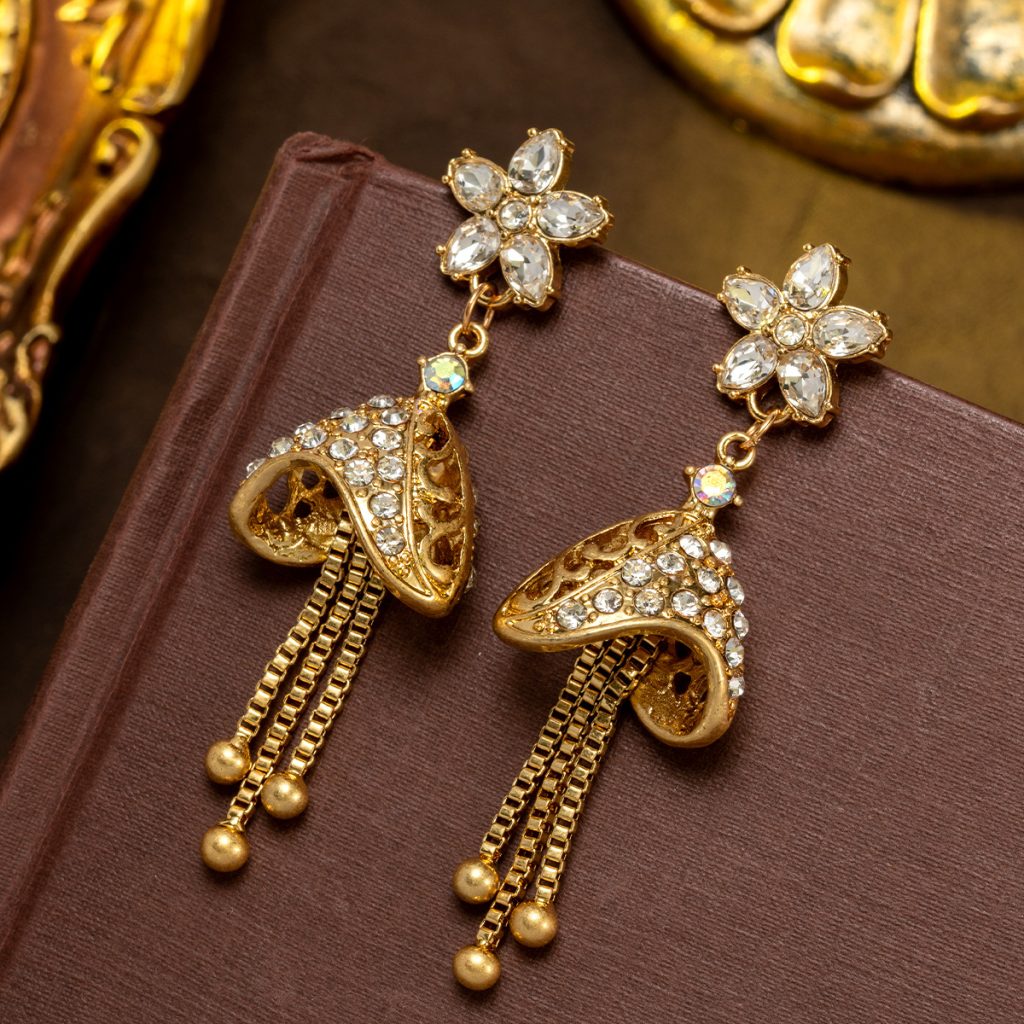 Gold Vintage Crystal Flower Bell‑Shaped Tassel Dangle Earrings