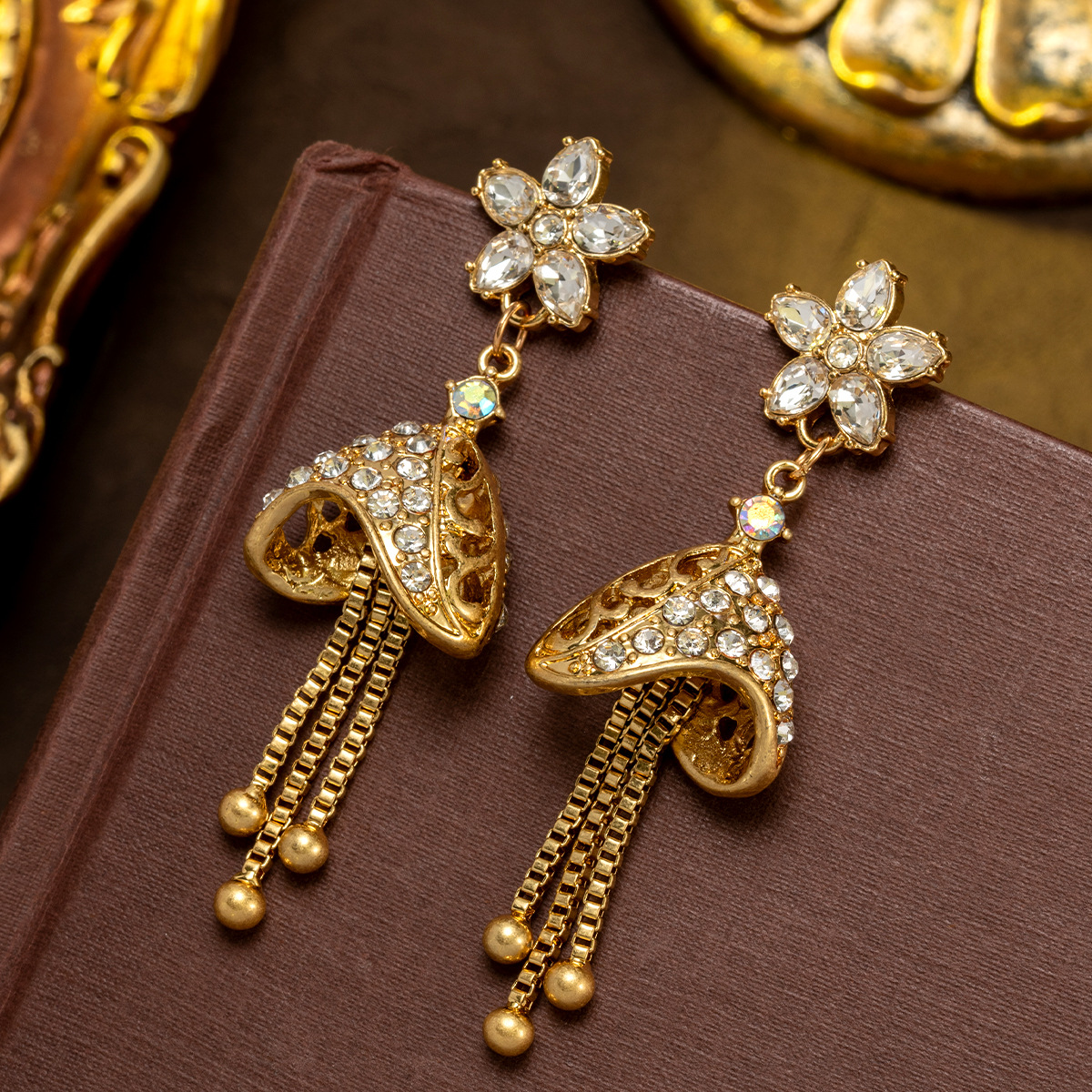 Gold Vintage Crystal Flower Bell‑Shaped Tassel Dangle Earrings
