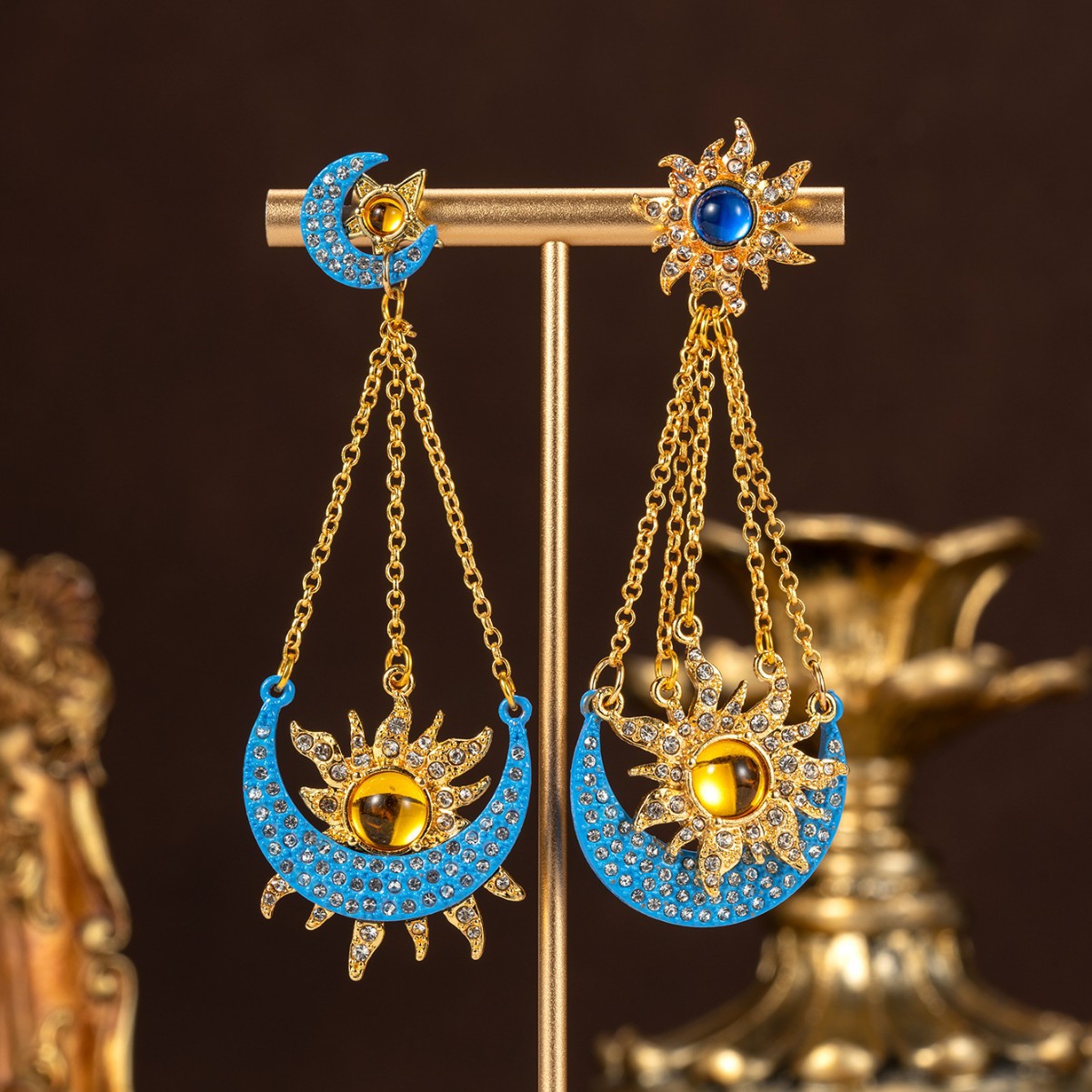 Vintage Sun Moon Star Asymmetric Tassel Dangle Earrings Gold Tone
