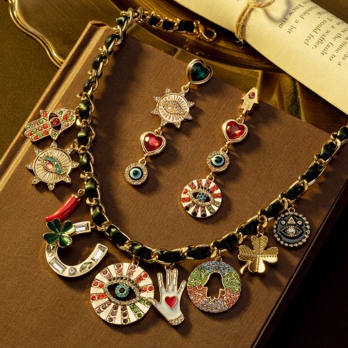 Retro Evil Eye Clover Heart Multi‑Charm Statement Jewelry Set Women