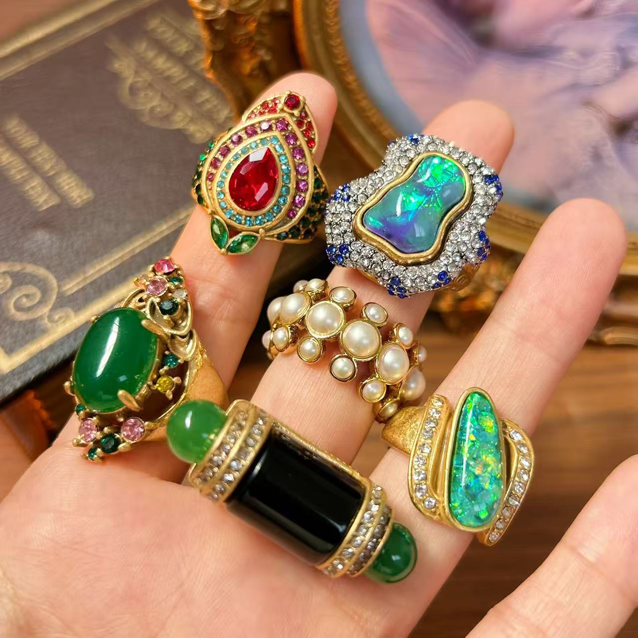 Victorian Style Large Stone Rhinestone Inlay Costume Adjustable Rings