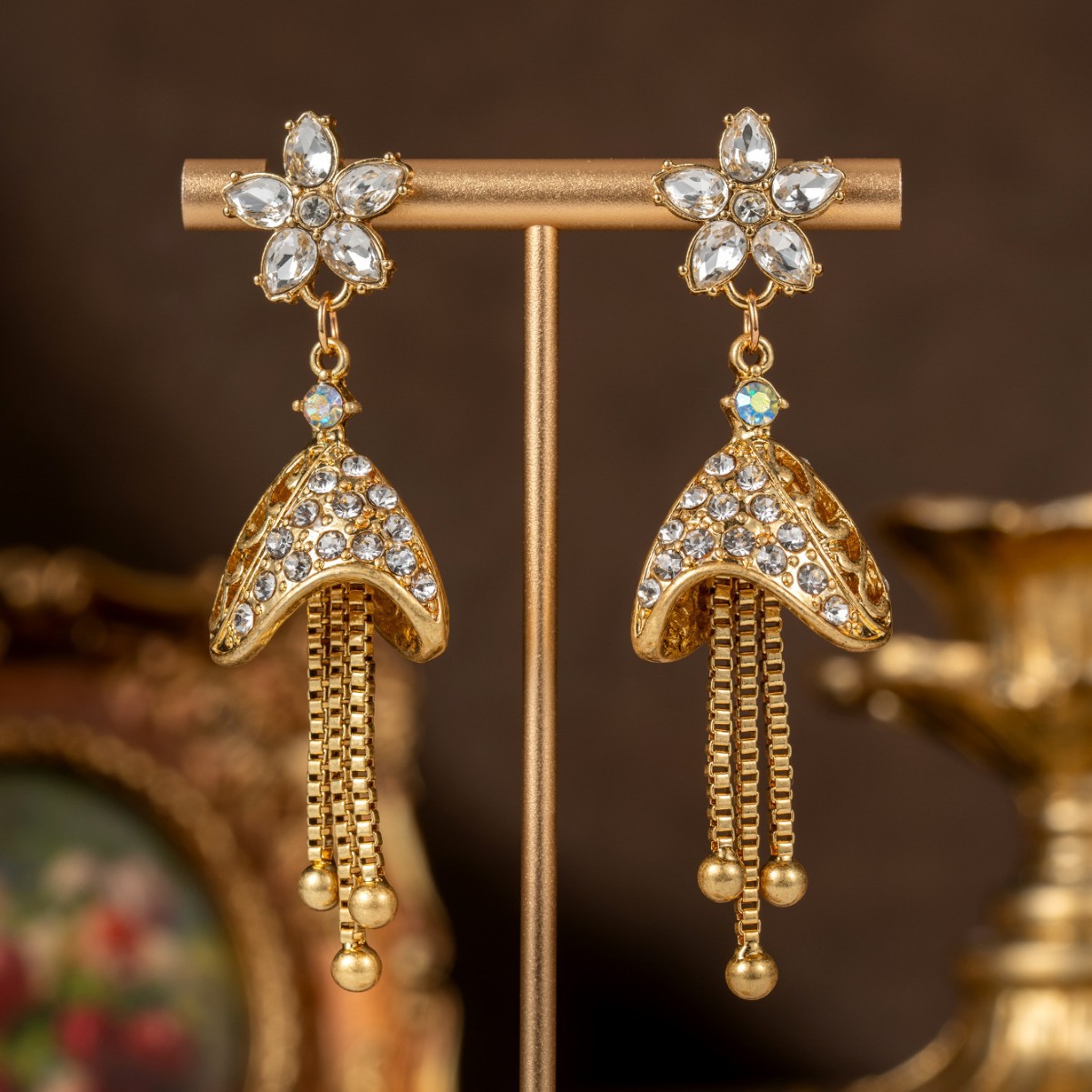 Gold Vintage Crystal Flower Bell‑Shaped Tassel Dangle Earrings